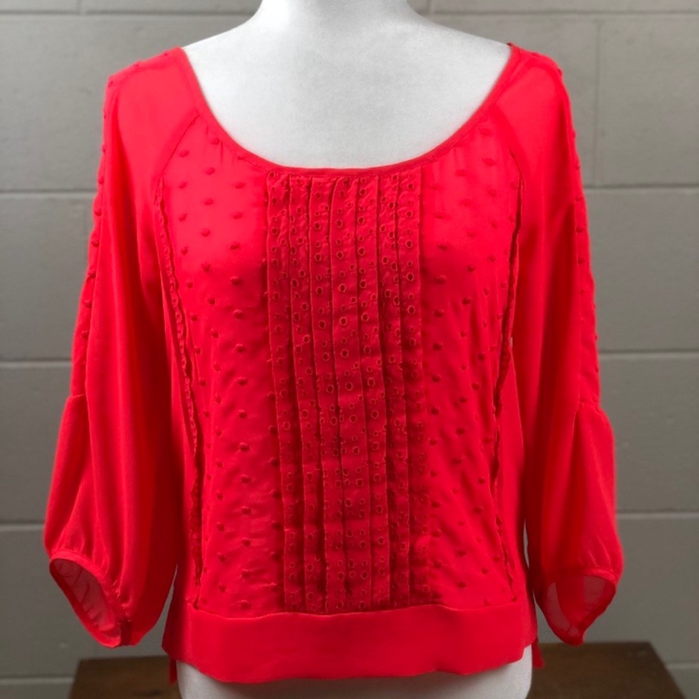 AMERICAN EAGLE OUTFITTERS Sheer Neon Coral Swiss Dot Peasant Boho Summer Date XS - Picture 2 of 8